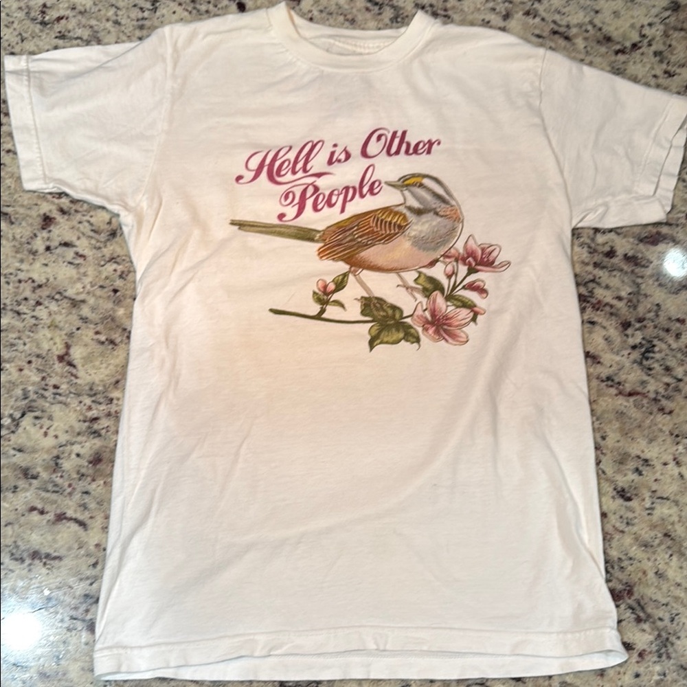 HELL is Other People T-Shirt with Bird and Floral Graphic (white size S)
